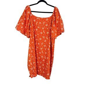 Retro Floral Embroidery Puff Sleeve Dress Orange 2X Boho Indie Folk Preppy Chic